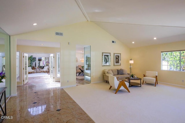 living room with visible vents, high vaulted ceiling, recessed lighting, french doors, and baseboards