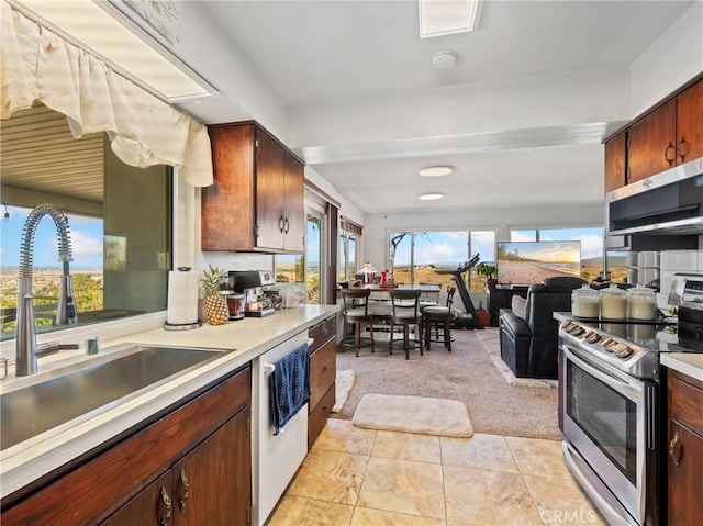 kitchen with plenty of natural light, a sink, light countertops, electric stove, and dishwasher