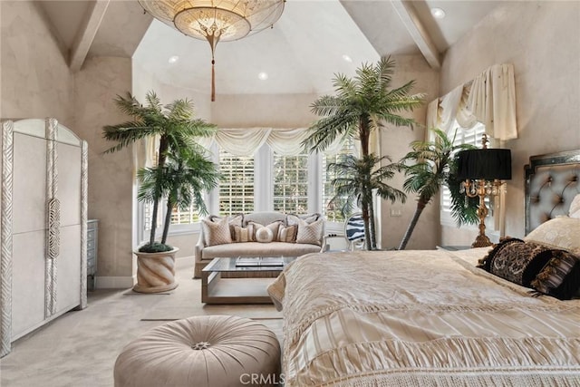 bedroom with beamed ceiling, carpet, and a high ceiling