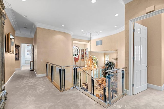 hallway featuring recessed lighting, an upstairs landing, and ornamental molding