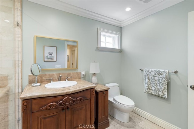 full bath featuring toilet, ornamental molding, tiled shower, baseboards, and vanity