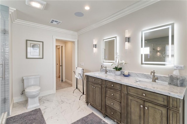 bathroom featuring visible vents, marble finish floor, crown molding, and a sink