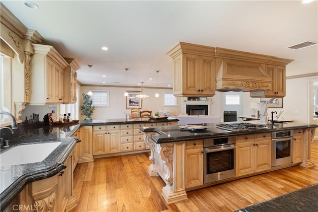 kitchen with premium range hood, a peninsula, a sink, ornamental molding, and stainless steel appliances
