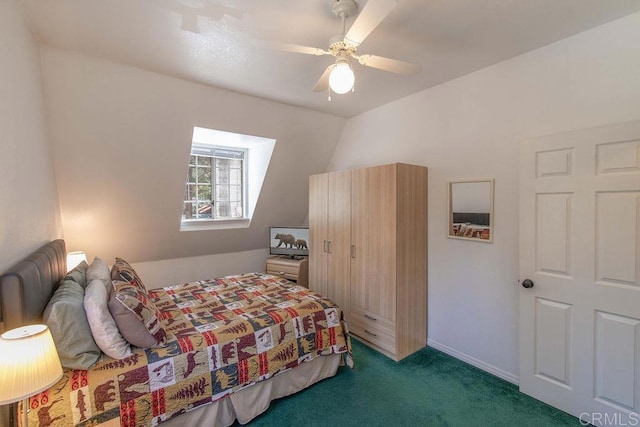 carpeted bedroom featuring a ceiling fan and baseboards