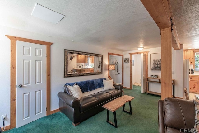 carpeted living room featuring baseboards and a textured ceiling