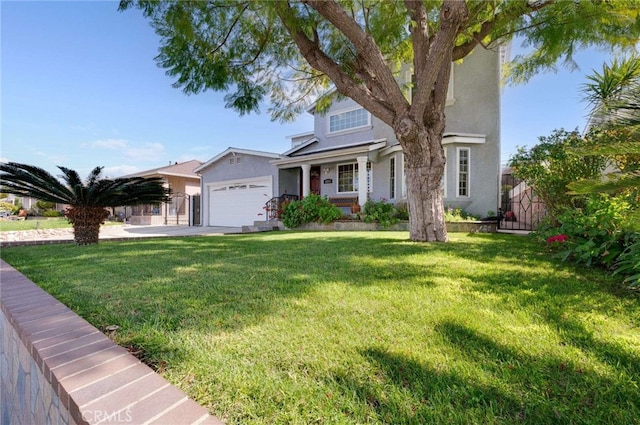 view of front of property featuring stucco siding, an attached garage, a front lawn, and fence