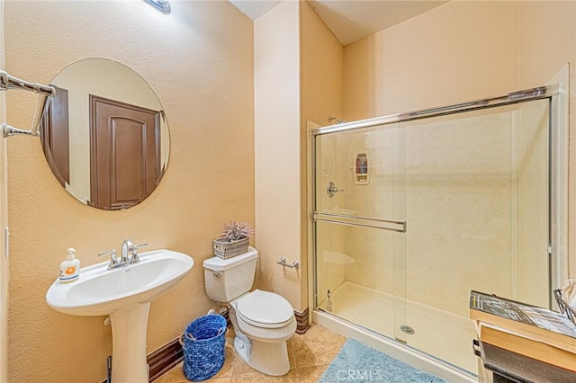 full bath with toilet, a stall shower, and tile patterned flooring