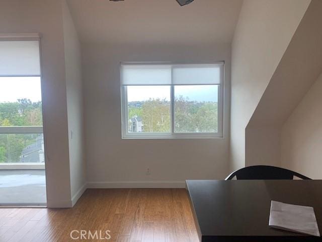 unfurnished office featuring baseboards, a healthy amount of sunlight, and wood finished floors