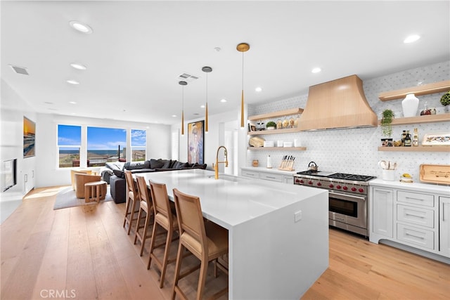 kitchen featuring open shelves, a sink, premium range, and custom range hood