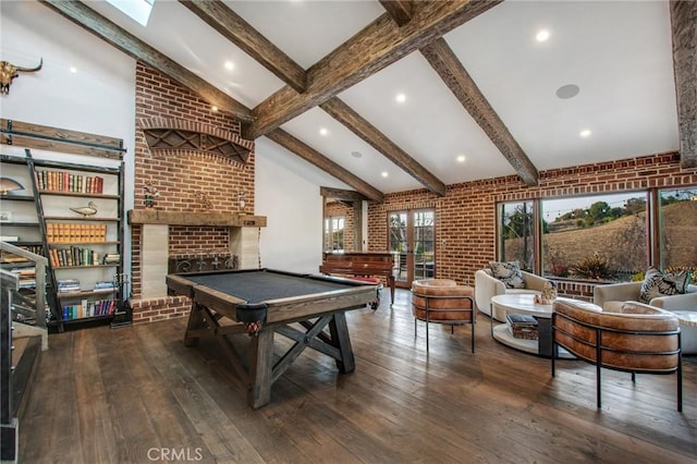 27151 Mission Hills Dr, San Juan Capistrano, CA 92675 - recreation room with brick wall, hardwood / wood-style flooring, a fireplace, billiards, and recessed lighting
