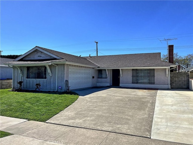 single story home with a front yard, driveway, roof with shingles, a garage, and board and batten siding