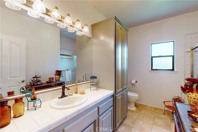 2139 Verde Canyon Rd, Arroyo Grande, CA 93420 - bathroom with a shower with door, vanity, and tile patterned flooring