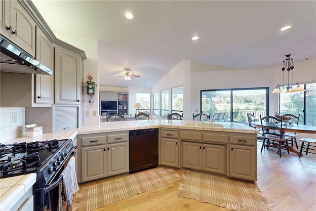 2139 Verde Canyon Rd, Arroyo Grande, CA 93420 - kitchen featuring black appliances, gray cabinetry, light wood-style flooring, range hood, and recessed lighting