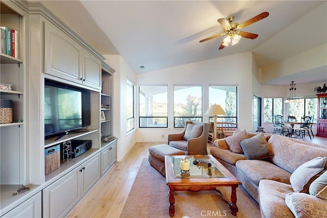 2139 Verde Canyon Rd, Arroyo Grande, CA 93420 - living area featuring light wood finished floors, a ceiling fan, vaulted ceiling, and built in shelves