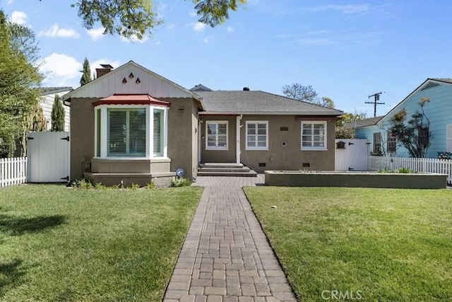 bungalow-style home featuring a front yard, stucco siding, fence, and crawl space