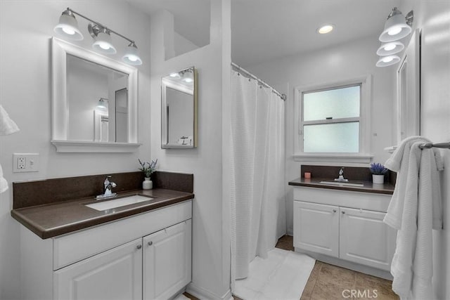 full bathroom featuring tile patterned flooring, recessed lighting, vanity, and a shower with shower curtain