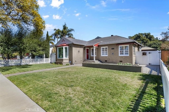 bungalow featuring a front yard, fence, crawl space, and stucco siding