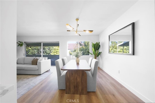 dining area with wood finished floors, baseboards, and a chandelier