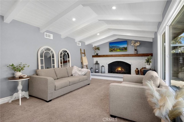 carpeted living room with vaulted ceiling with beams, a fireplace, visible vents, and baseboards