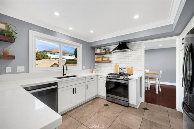 kitchen with open shelves, a sink, white cabinetry, stainless steel range with gas cooktop, and dishwashing machine