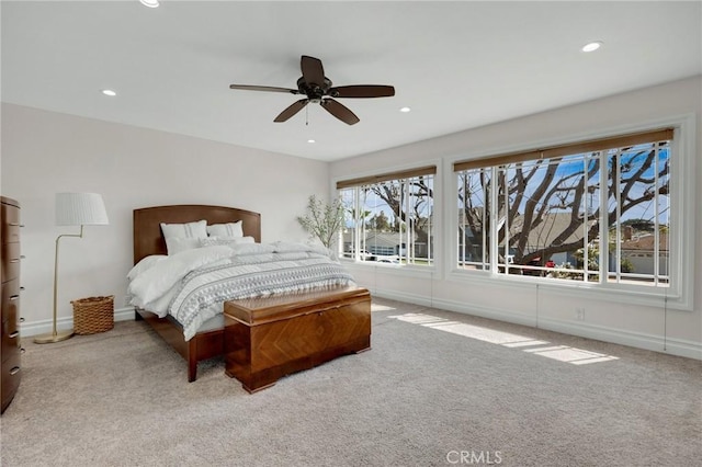 bedroom with recessed lighting, baseboards, ceiling fan, and carpet flooring