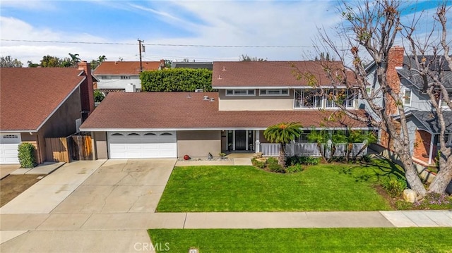 view of front facade featuring driveway, a porch, stucco siding, a front lawn, and a garage