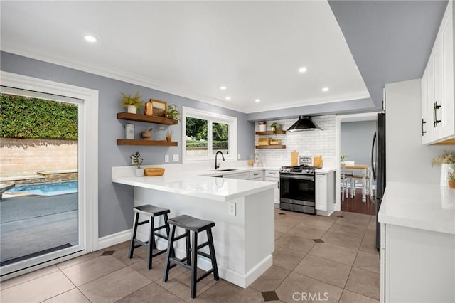 kitchen featuring open shelves, a sink, stainless steel appliances, a peninsula, and wall chimney range hood