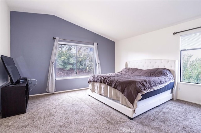 carpeted bedroom featuring baseboards and lofted ceiling