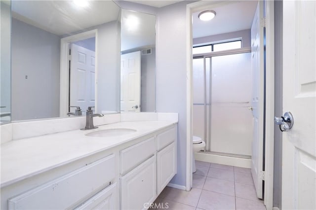 full bath with tile patterned flooring, visible vents, a shower stall, toilet, and vanity