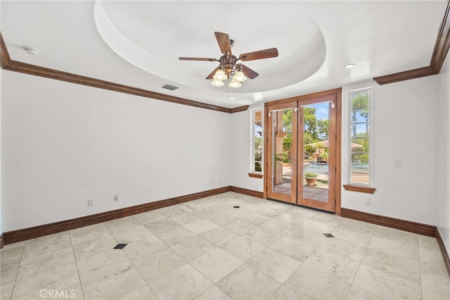 805 E Chase Dr, Corona, CA 92881 - unfurnished room featuring a ceiling fan, baseboards, ornamental molding, and a tray ceiling