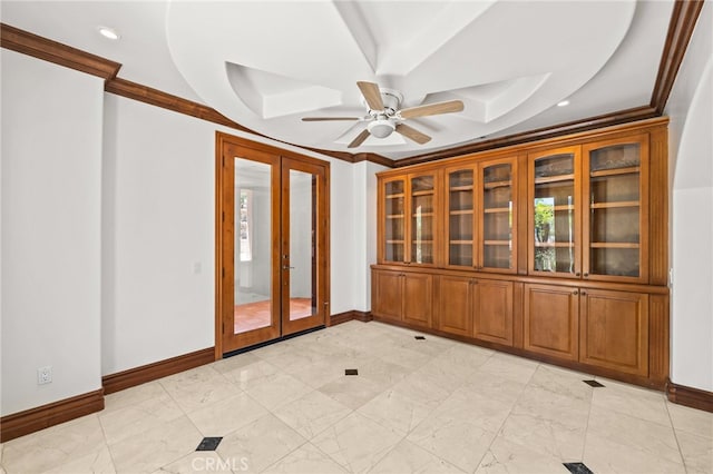 805 E Chase Dr, Corona, CA 92881 - spare room featuring french doors, baseboards, crown molding, and ceiling fan