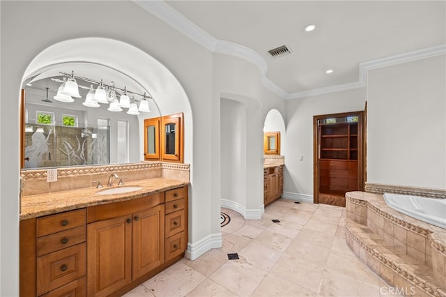 805 E Chase Dr, Corona, CA 92881 - bathroom with a walk in shower, visible vents, ornamental molding, and vanity