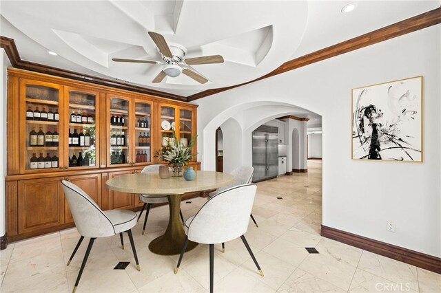 805 E Chase Dr, Corona, CA 92881 - dining space with recessed lighting, arched walkways, baseboards, and a ceiling fan