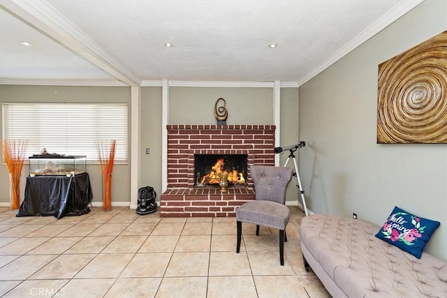 sitting room with baseboards, ornamental molding, recessed lighting, a fireplace, and tile patterned floors