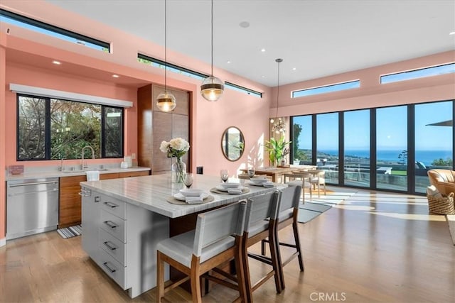 kitchen with white cabinetry, a sink, light wood-style floors, dishwasher, and modern cabinets