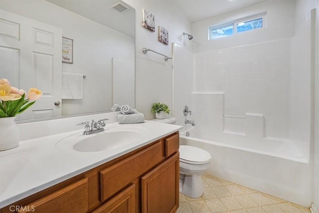 full bathroom with vanity, toilet, bathtub / shower combination, and visible vents