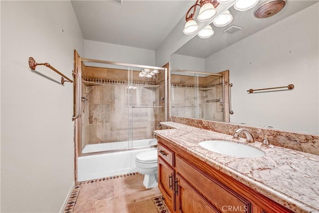 full bathroom with enclosed tub / shower combo, visible vents, toilet, and vanity