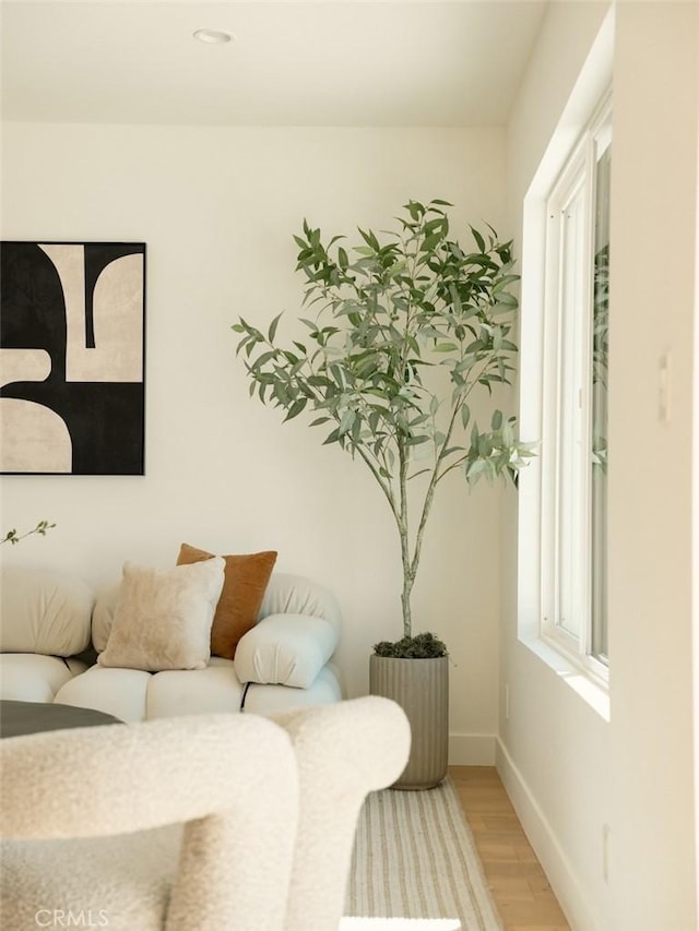 living room with light wood-style flooring and baseboards