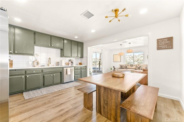 kitchen featuring dishwasher, visible vents, and green cabinetry