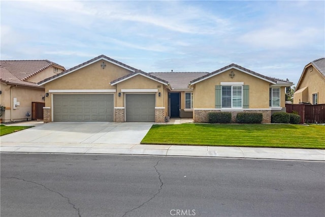 ranch-style home with a front lawn, a garage, brick siding, and stucco siding