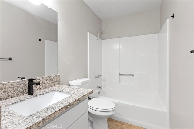 full bath with tile patterned floors, vanity, toilet, and shower / bath combination