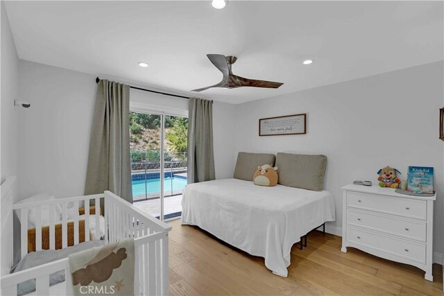 bedroom featuring recessed lighting, light wood-style flooring, ceiling fan, and access to outside