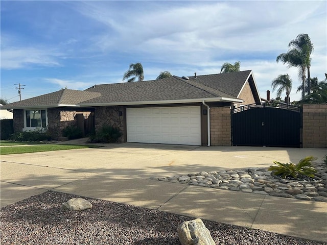 single story home with a gate, driveway, an attached garage, and a shingled roof