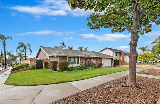 single story home featuring a front yard, fence, an attached garage, and a gate