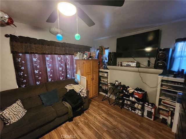 living area featuring ceiling fan and wood finished floors