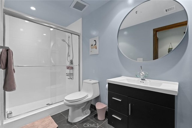 bathroom featuring tile patterned flooring, visible vents, a shower stall, and toilet