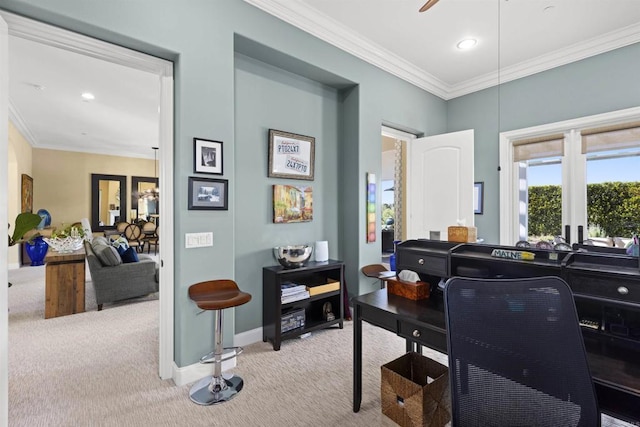 carpeted home office featuring ceiling fan, baseboards, ornamental molding, and recessed lighting