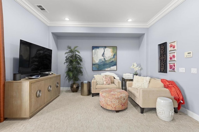 carpeted living area with visible vents, recessed lighting, baseboards, and ornamental molding