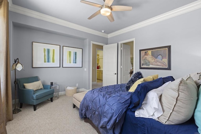 bedroom with crown molding, baseboards, carpet floors, and ceiling fan