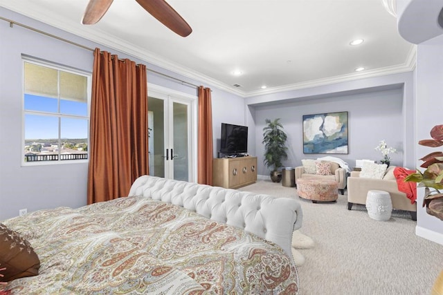 bedroom featuring a ceiling fan, recessed lighting, carpet flooring, crown molding, and baseboards